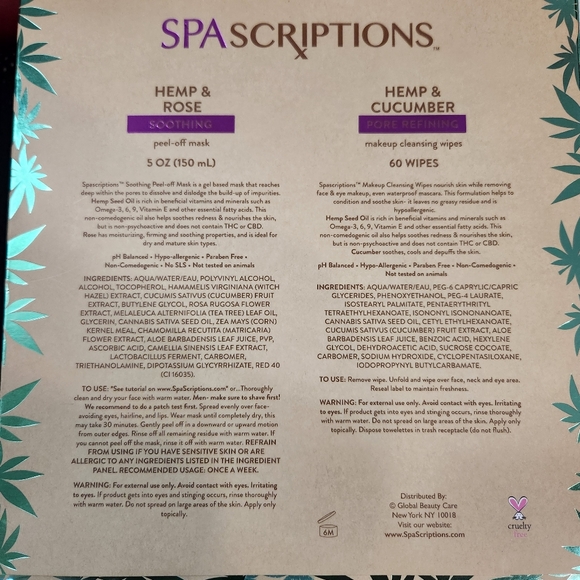 SpaScriptions Hemp & Rose Peel-Off Mask & Hemp + Cucumber Makeup Wipes Set New - Picture 4 of 4